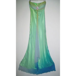 Green Blue Ombre Chiffon Strapless Shirred Dress